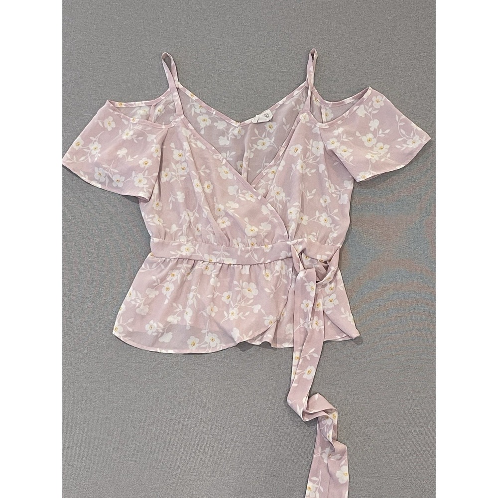 Sienna Sky‎ Pink Floral Wrap Top Medium Cold Shoulder Tie Waist Boho